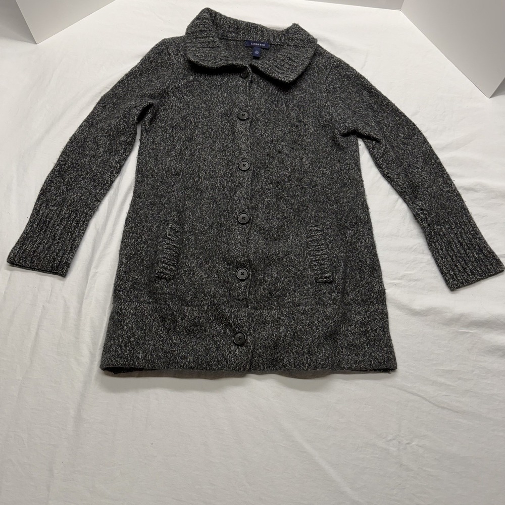 Lands End Long Sweater Womens Large Dark Grey Wool Blend Knit Button Cardigan